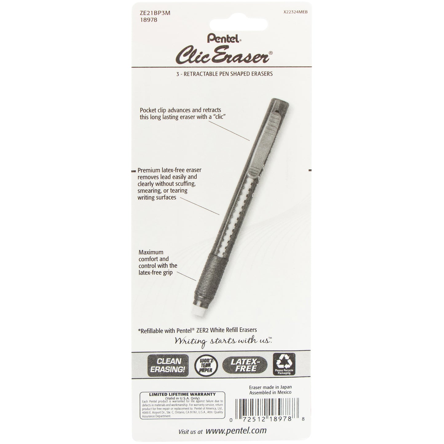 Pentel Clic Retractable Erasers 3/Pkg
