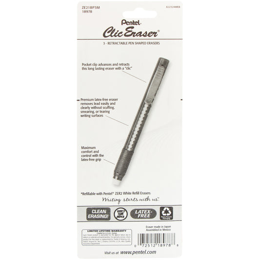 Pentel Clic Retractable Erasers 3/Pkg