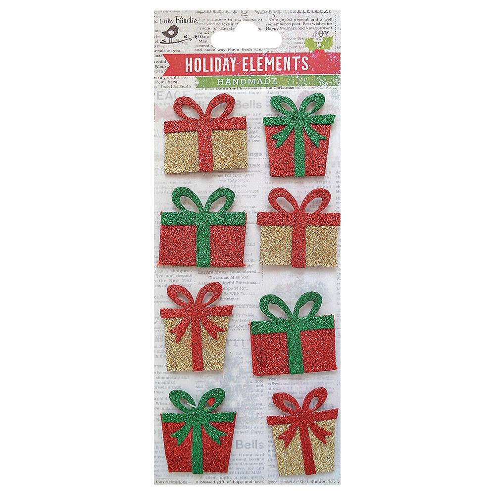 Little Birdie Christmas 3D Embellishment 8/Pkg Mini Glitter Presents