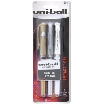 Uni-Ball Gel Impact Pen 3/Pkg Gold, Silver, White