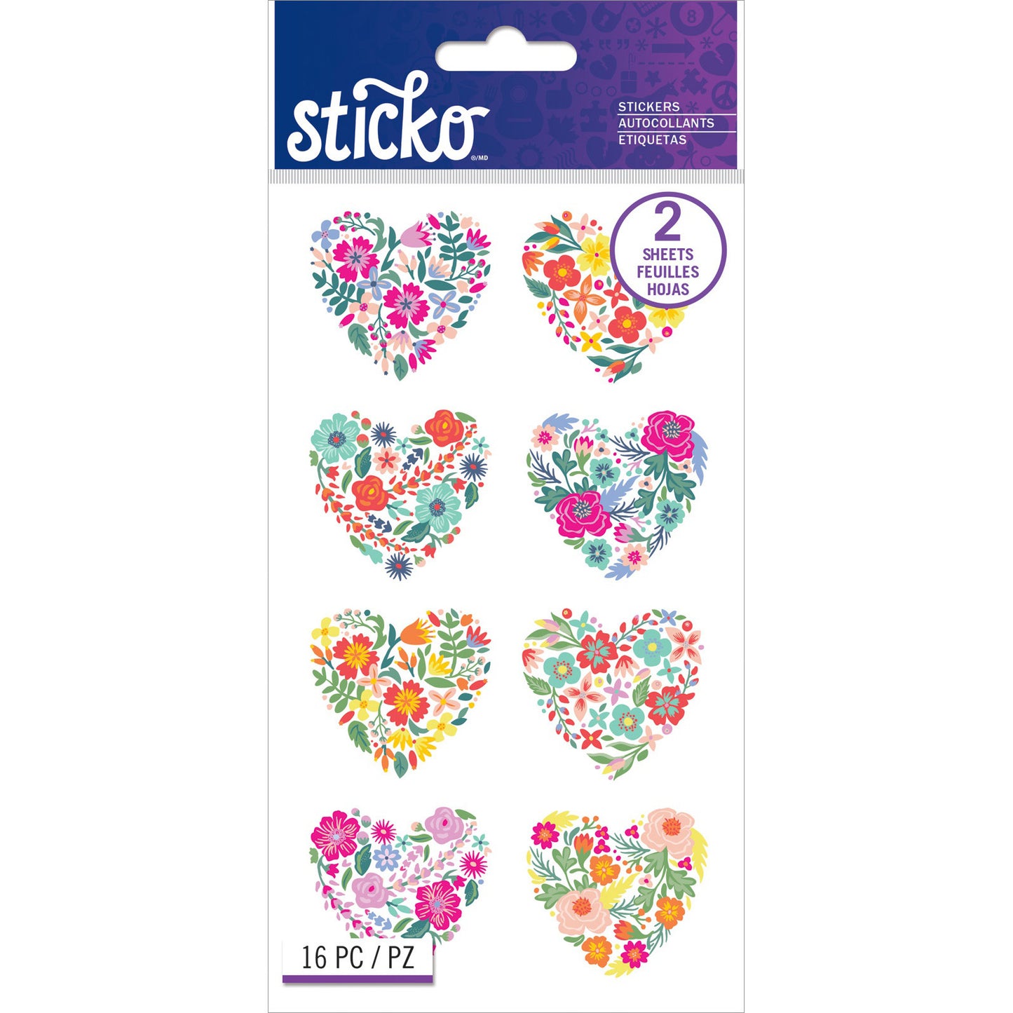 Sticko Flat Stickers Floral Hearts 16/Pkg