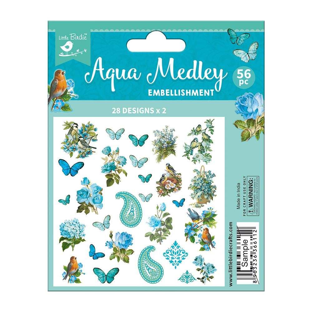 Little Birdie Ephemera 56/Pkg Aqua Medley