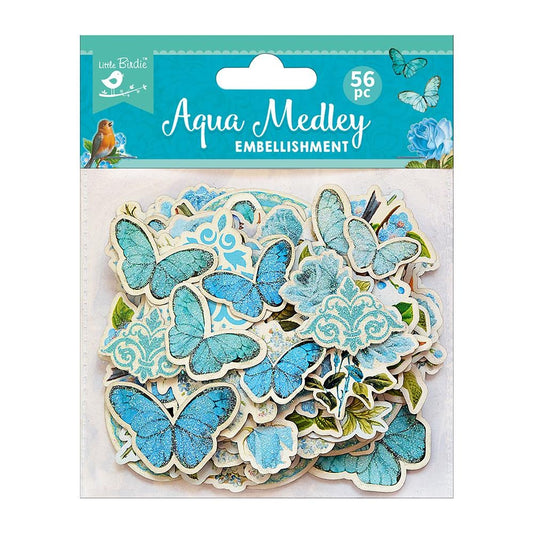 Little Birdie Ephemera 56/Pkg Aqua Medley