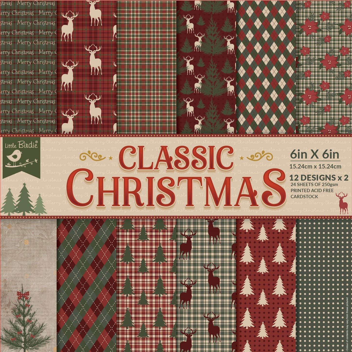 Little Birdie Cardstock 24 Sheet Pack 6"X6" Classic Christmas