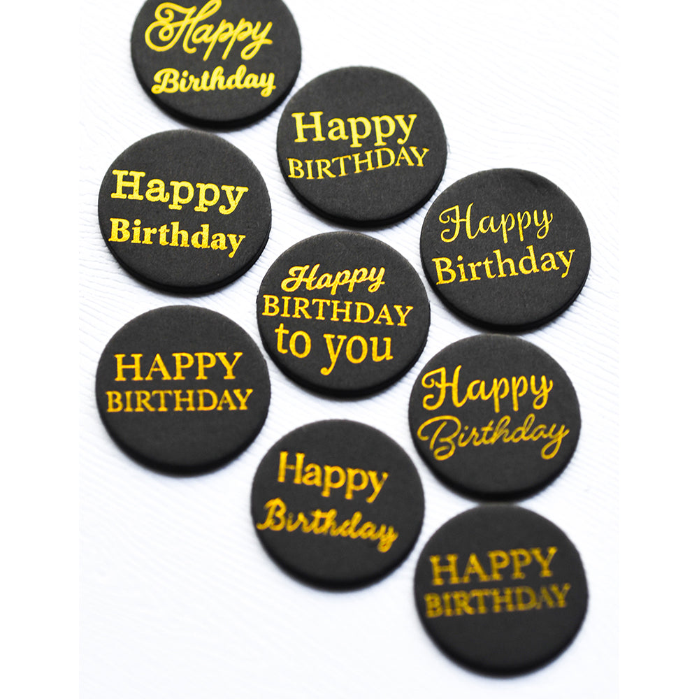 Memory Box ST011 Happy Birthday Foil Greetings Black Circle Tabs